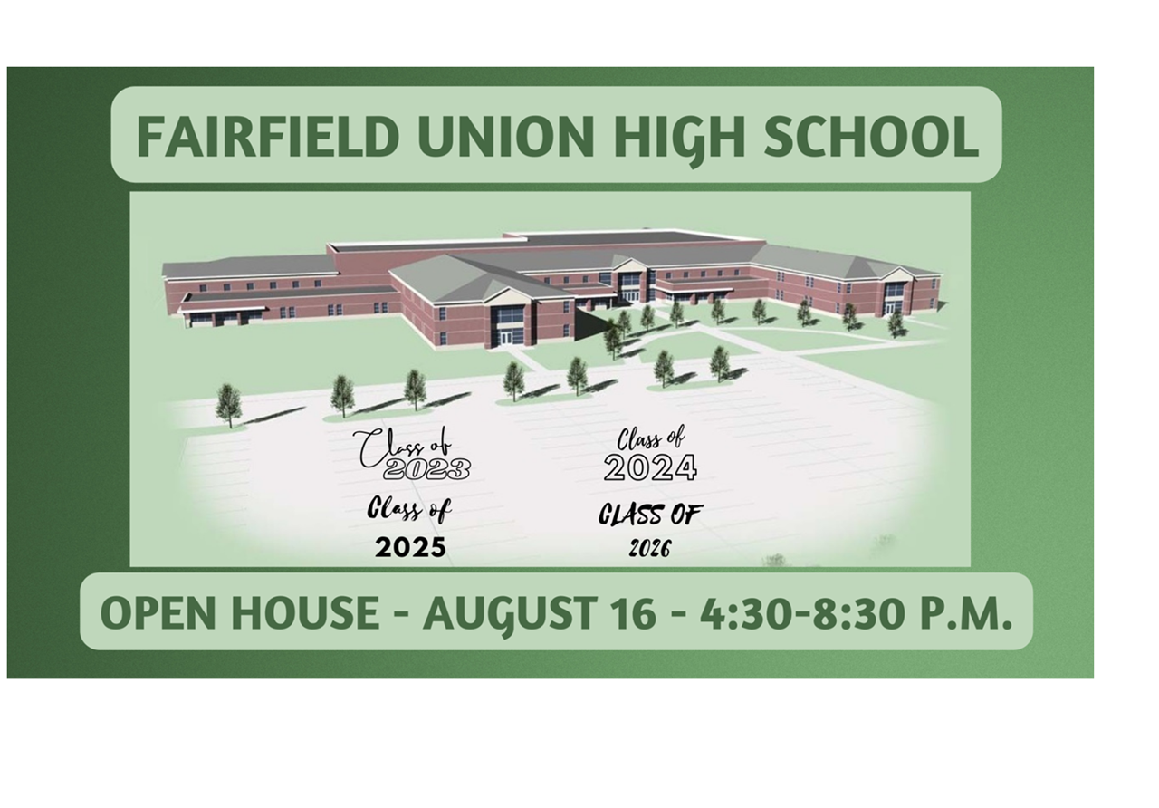 High School Open House August 16 - 4:30-8:30 p.m.