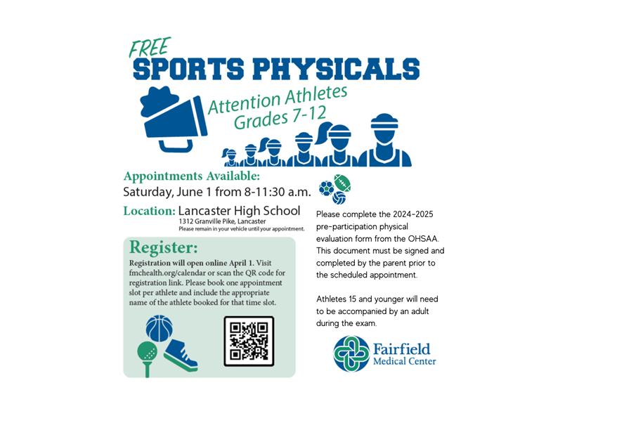 Free Sports Physicals June 1 8-11:30 a.m. at Lancaster HS
